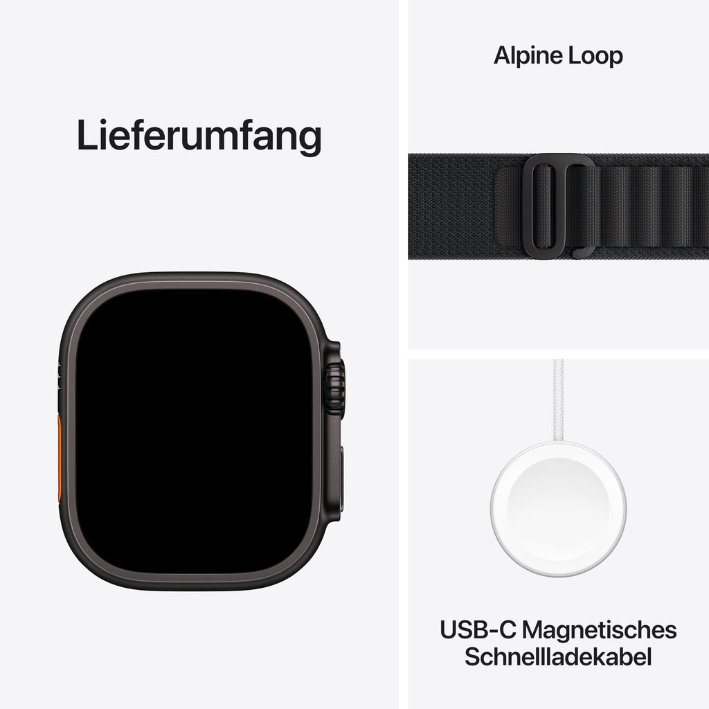 Apple Watch Ultra 3 GPS + Cellular 49 mm Premium Smartwatch für Lauftraining und Kombinationssport mit robustem Titangehäuse in Schwarz und Trail Loop in Schwarz/Kohlegrau (M/L)