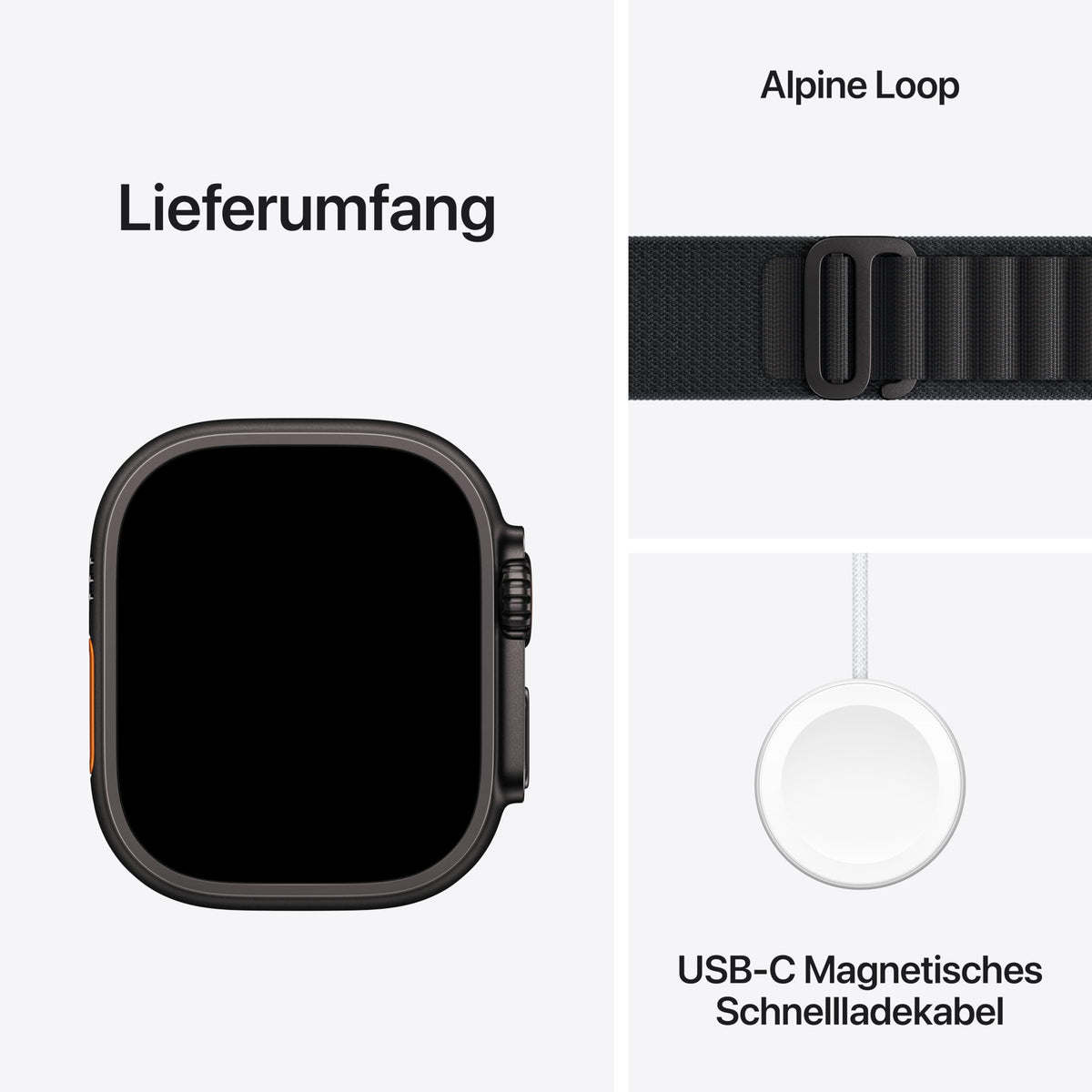 Apple Watch Ultra 3 GPS + Cellular 49 mm Premium Smartwatch für Lauftraining und Kombinationssport mit robustem Titangehäuse in Schwarz und Trail Loop in Schwarz/Kohlegrau (M/L)