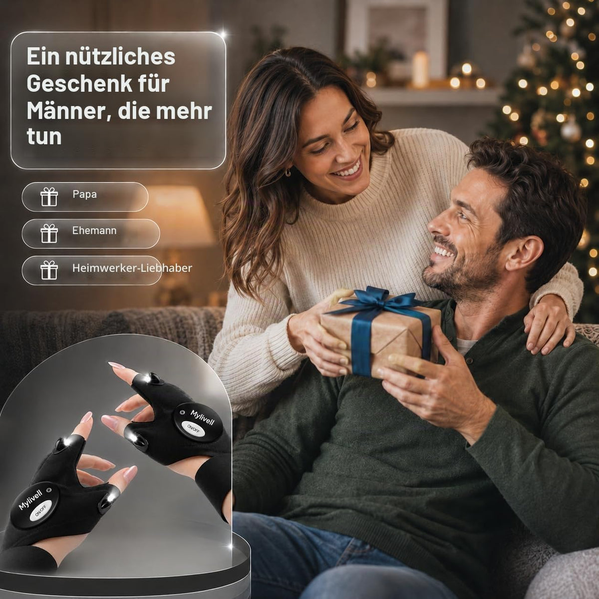 Mylivell Handschuhe mit Licht für Männer – LED Angelhandschuhe, Handschuhe mit LED Licht für Angeln, Camping & Reparaturen, praktische Geschenkidee für Männer, Vatertag Geschenk
