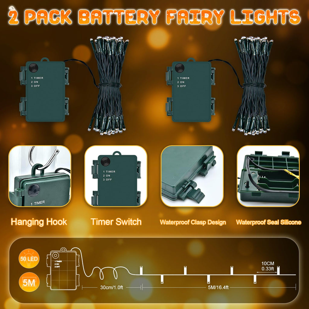 Dalugo 2 Stück Lichterkette Orange, 5M 50 LED Kabel grün mit 6h Timer, IP65 Wasserdicht Batterie für Innen außen dekorationen