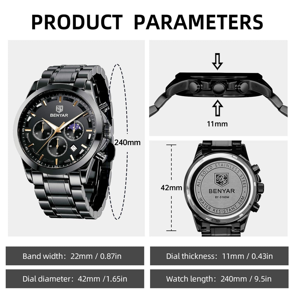 BENYAR BY Uhren Herren Chronograph Analog Quarz Wasserdicht Datum Armbanduhr Herren Mode Business-Kleid Herrenuhr Elegantes Geschenk fur Männer