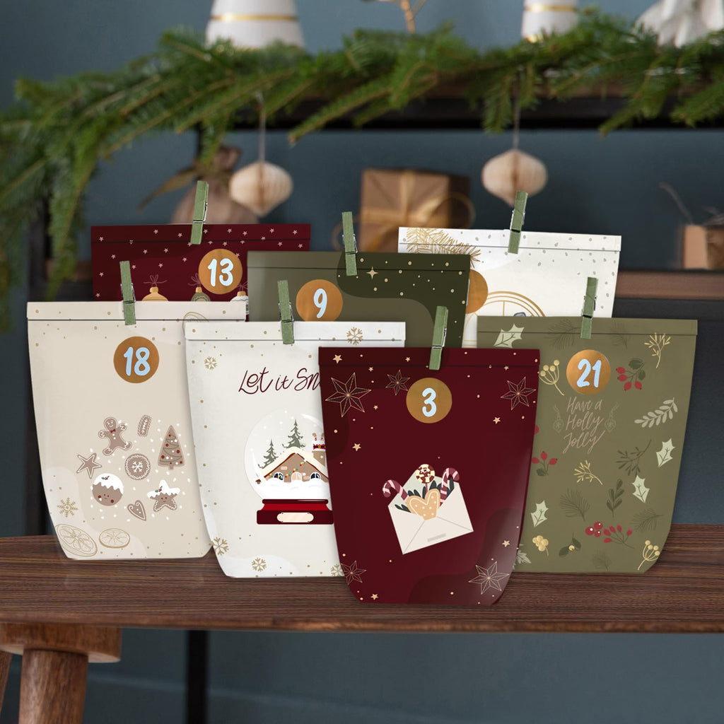 Adventskalender zum Befüllen, 24 Weihnachtskalender Papiertüten zum Selber Basteln, Geschenktüten zum selbst füllen, Advents Tüten Selbstbefüllen für Kinder & Erwachsene