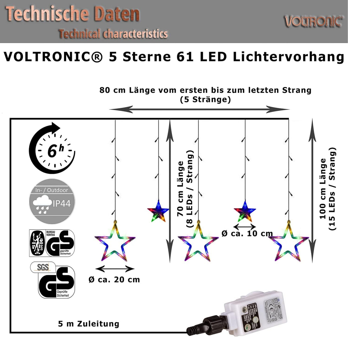 VOLTRONIC LED-Lichtvorhang, für den Innen- und Außenbereich, IP44, Modell und Farbe nach Wahl, Fernsteuerung
