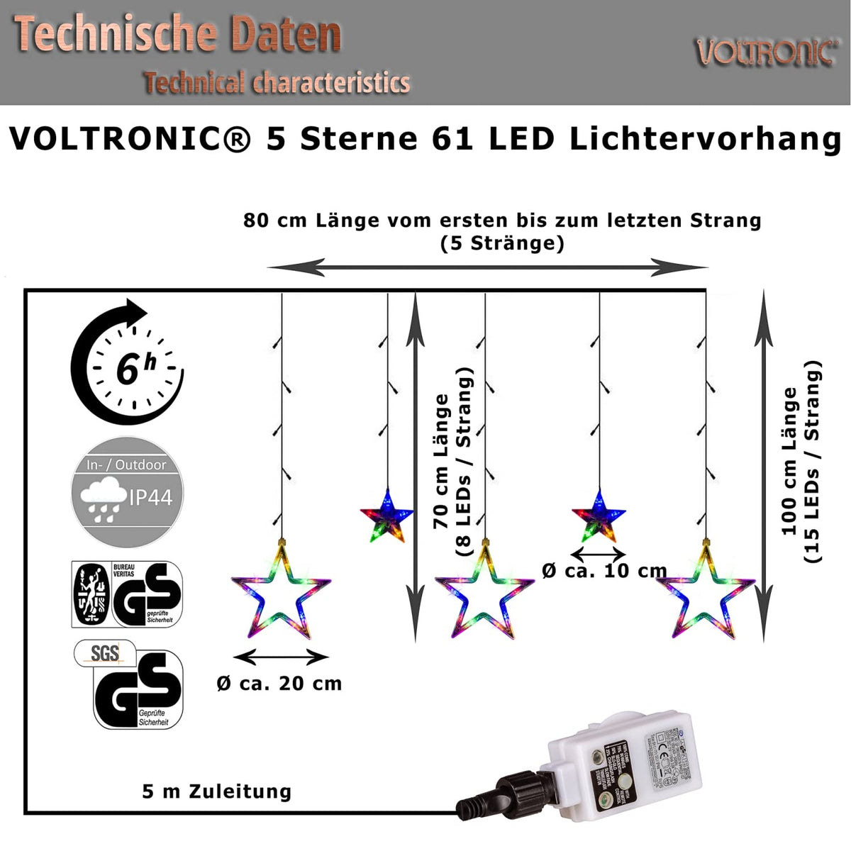 VOLTRONIC LED-Lichtvorhang, für den Innen- und Außenbereich, IP44, Modell und Farbe nach Wahl, Fernsteuerung