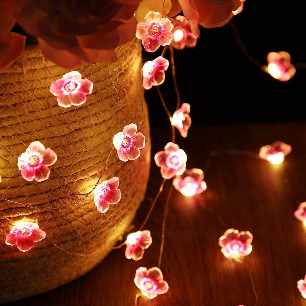 Kirschblüten-Lichterkette für Mädchen-Schlafzimmer, rosa Lichterkette, 40 LEDs, USB und batteriebetrieben, dekorative Lichter für drinnen und draußen, 4 m