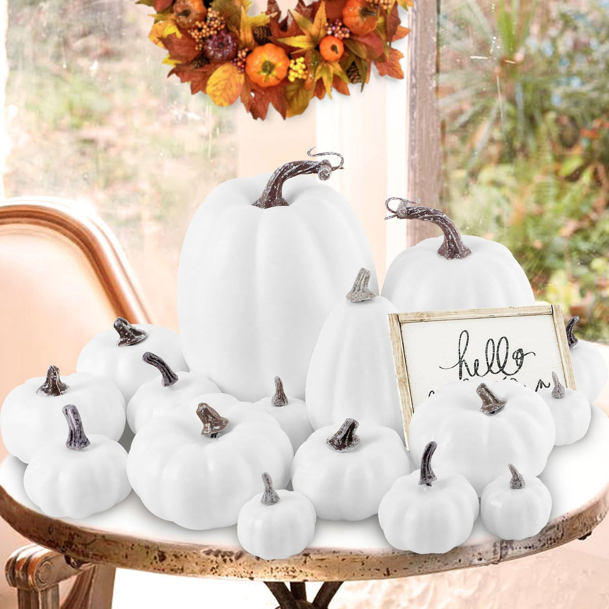 Benjia Kürbis Herbst Deko Dekoration Draußen, Groß Mini Orange Kürbisse Schaumstoff Zierkürbisse Herbstdeko Herbstdekorationen Halloween (Orange, 16 Stück)