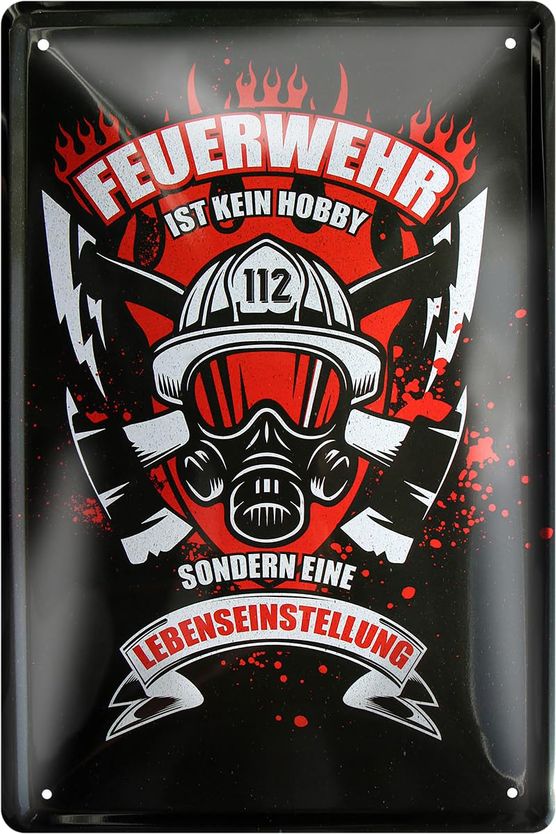 schilderkreis24 - Feuerwehr Blechschilder 20x30cm Set – Sprüche & Deko für Feuerwehrmann (A - Wir haben die größten Hupen, die längsten Schläuche)
