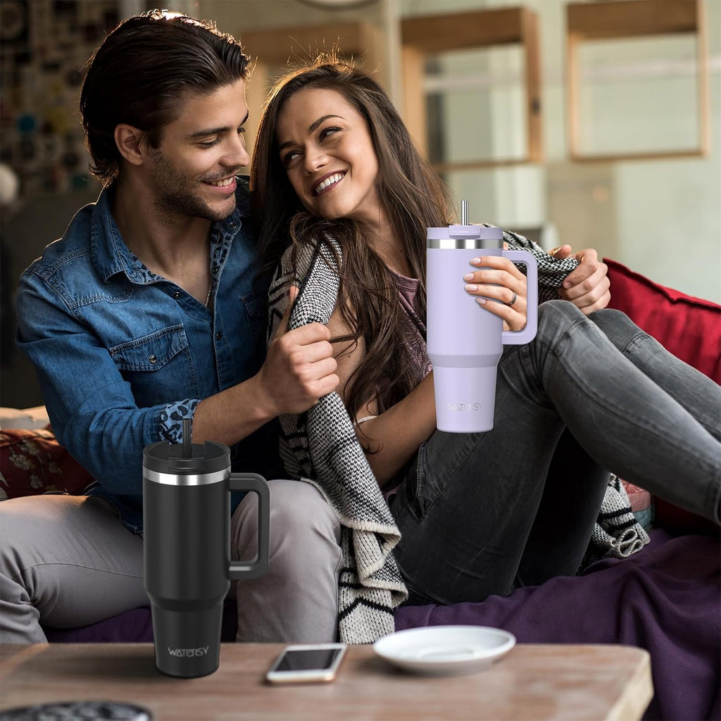 WATERSY 1.2L Thermobecher mit 2 Strohhalmen, Trinkbecher Auslaufsicherer Kaffeebecher To Go Vakuum-Isoliert mit BPA frei Schraubdeckel, Trinkflasche Kühlt 12 Stunden,Tiefseelndigo