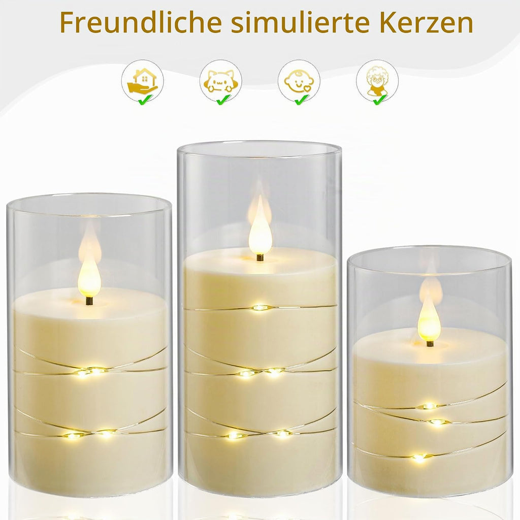 Da by 5 Stück Graue LED Kerzen mit Feenlichtkette, Schwarzer Flackerflamme, Graue Glasabdeckung, Batteriebetrieben mit Fernbedienung, Wetterfest für Innen- & Außendekoration