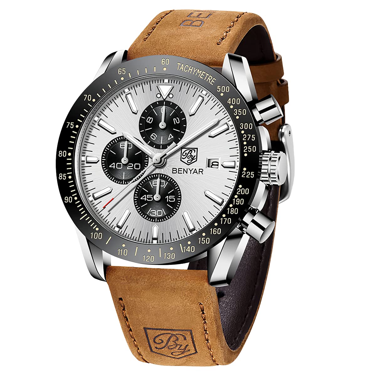 BENYAR Uhren Herren Analog Quarz Chronograph Herrenuhren Wasserdicht Datum Lederband Armbanduhr Lässig Business-Kleid fur Männer Klassische Elegantes Geschenk