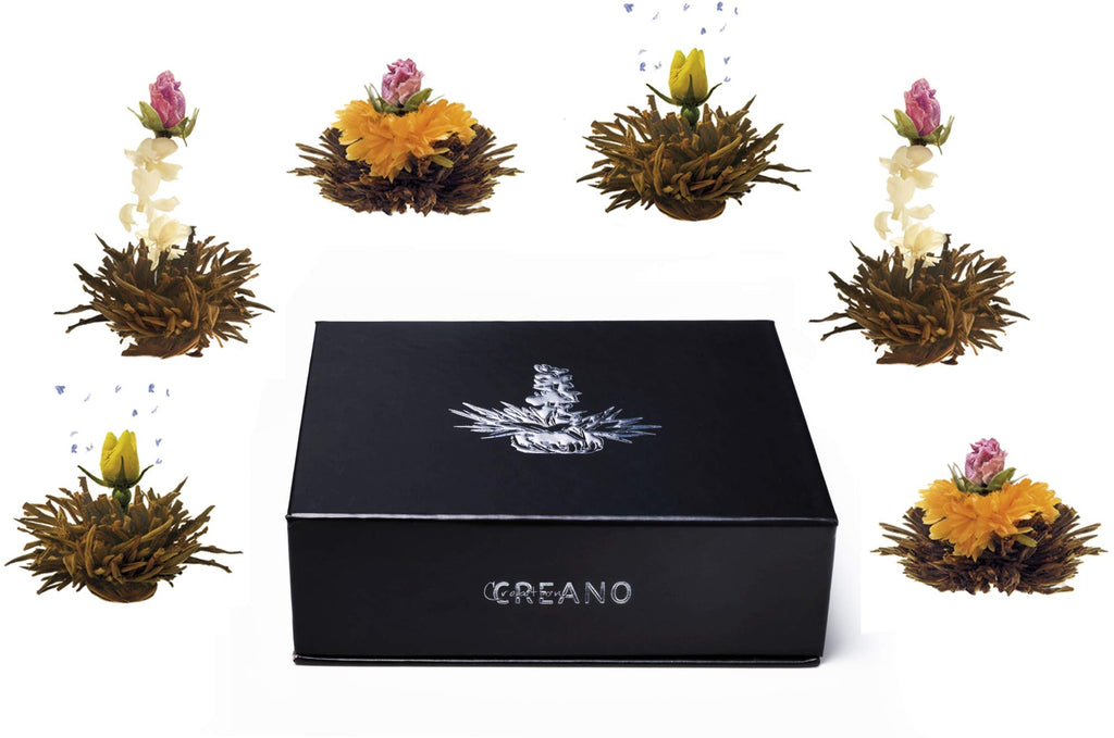 Creano 6 Teeblumen Geschenkbox weißer, schwarzer & grüner Tee in edler Magnetbox mit Silberprägung - 6 verschiedene Sorten - Geschenk zu Weihnachten