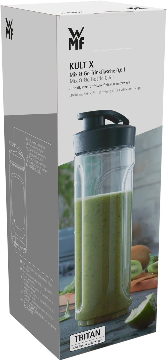 WMF Kult X Mix & Go – Smoothie Maker & Mixer, kompakter Standmixer 300 W mit 0,6 L Tritan-Flasche, 4 Edelstahlklingen, Sicherheitsabschaltung, Shake Mixer aus Cromargan Edelstahl, Deep Black