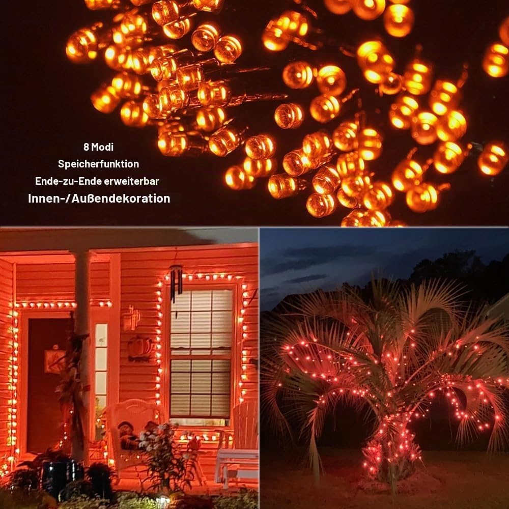Halloween Lichterketten Orange - 15M/120 LEDs Herbst Ende zu Ende Erweiterbar Speicherfunktion 8 Modi Innen und Außen Wasserdicht Dekoration Weihnachtslicht für Partei Bäume Garten Hochzeit