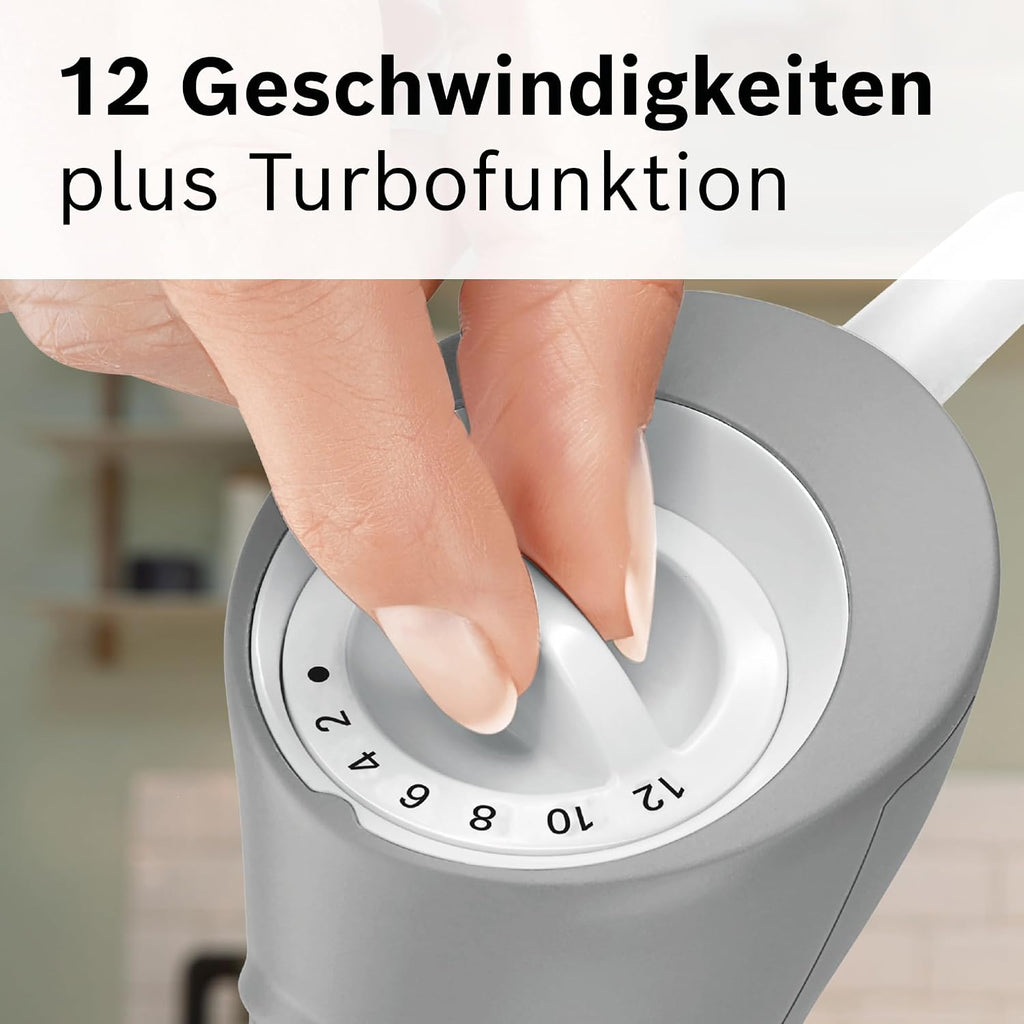 Bosch Stabmixer ErgoMixx, abnehmbarer Mixfuß, mit Mixbecher, 4-Klingen-Messer, Zerkleinerer, ergonomisches Design, 12 Stufen plus Turbo, 600 W, weiß/grau, MSM66020