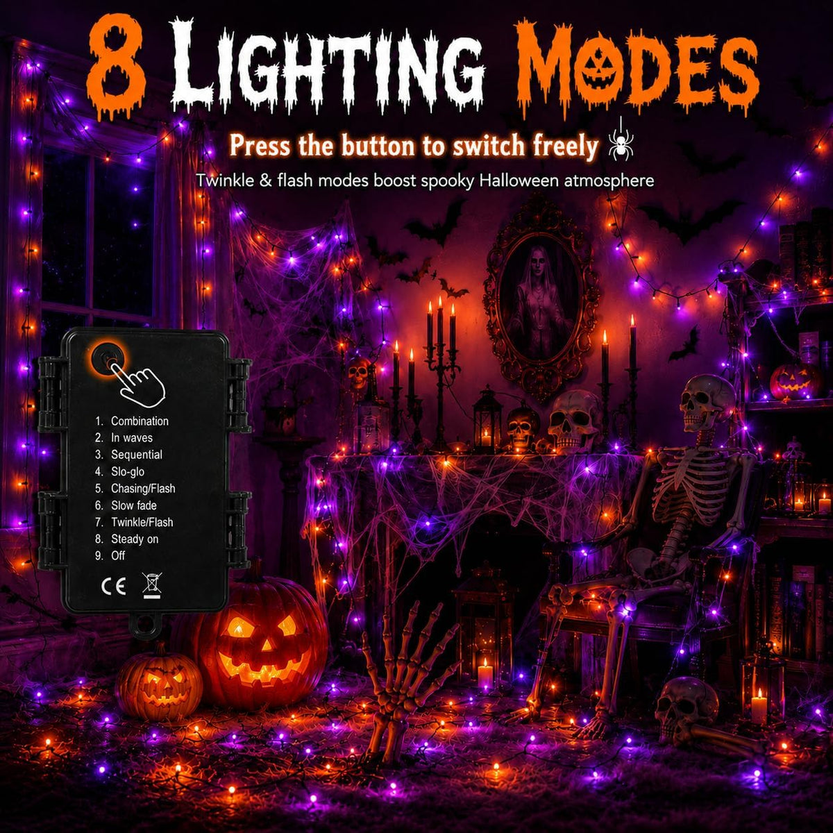 Halloween Lichterkette Orange Lila, 2 Stück Gesamt 10M 100LED Batteriebetrieben, 8 Lichtmodi & 6H Timer, IP65 Wasserdicht, Herbst Halloween Deko für Garten Balkon Schlafzimmer Party Innen Außen