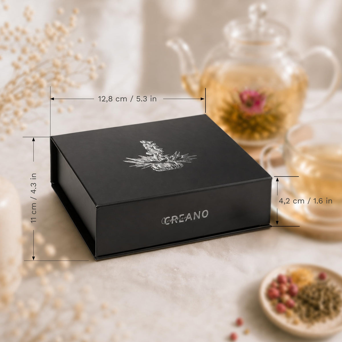 Creano 6 Teeblumen Geschenkbox weißer, schwarzer & grüner Tee in edler Magnetbox mit Silberprägung - 6 verschiedene Sorten - Geschenk zu Weihnachten