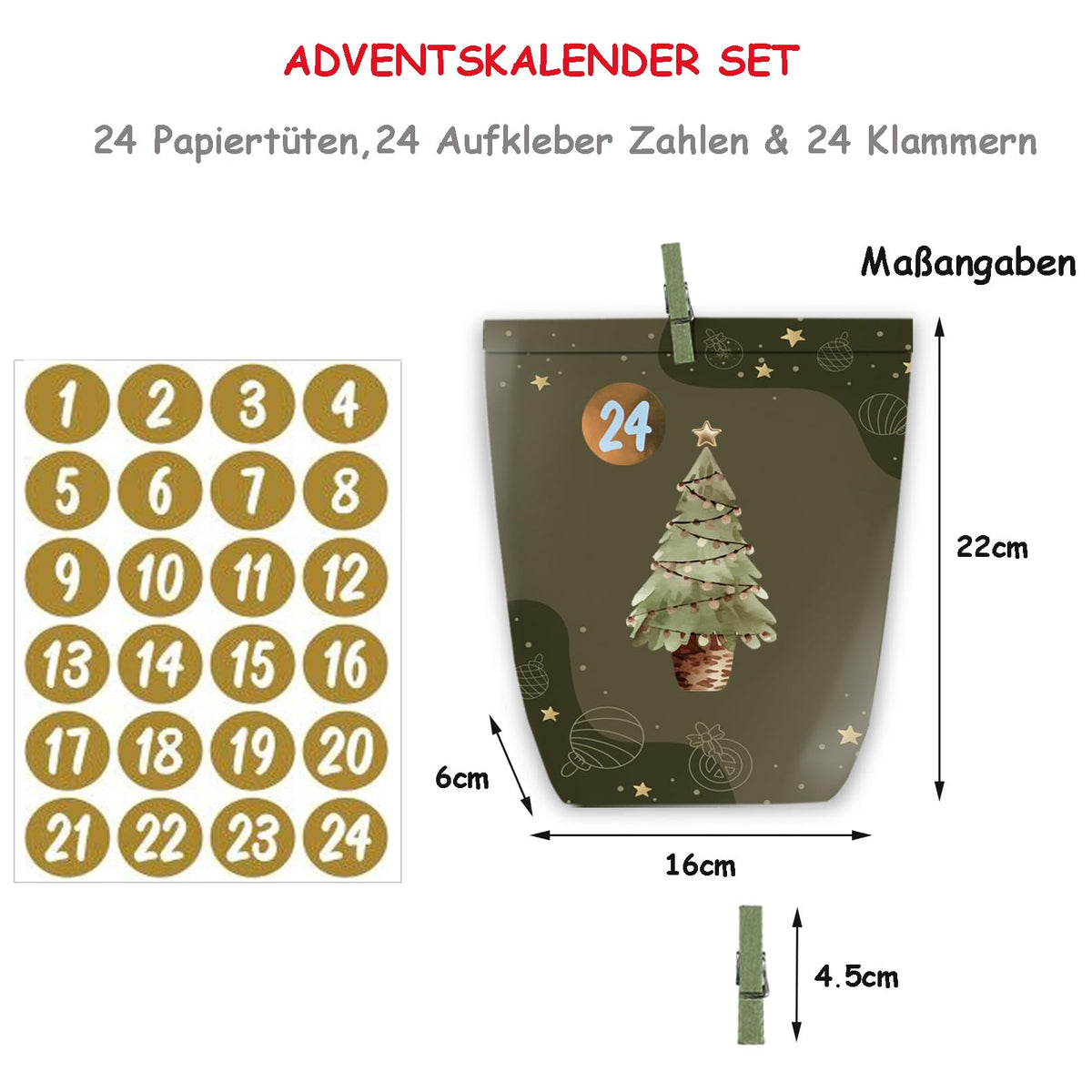 Adventskalender zum Befüllen, 24 Weihnachtskalender Papiertüten zum Selber Basteln, Geschenktüten zum selbst füllen, Advents Tüten Selbstbefüllen für Kinder & Erwachsene