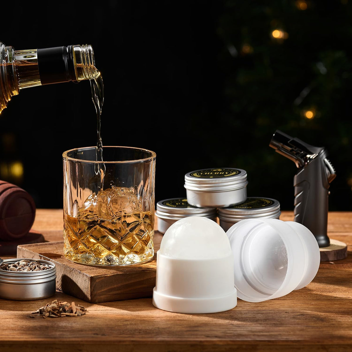 Whiskey Smoker Kit with Torch,6 Flavors Wood Chips, 2 Glasses, 2 Ice Ball Molds,Cocktail Smoker Infuser Kit, Old Fashioned Drink Smoker Kit, Husband , Boyfriend (Without Butan)