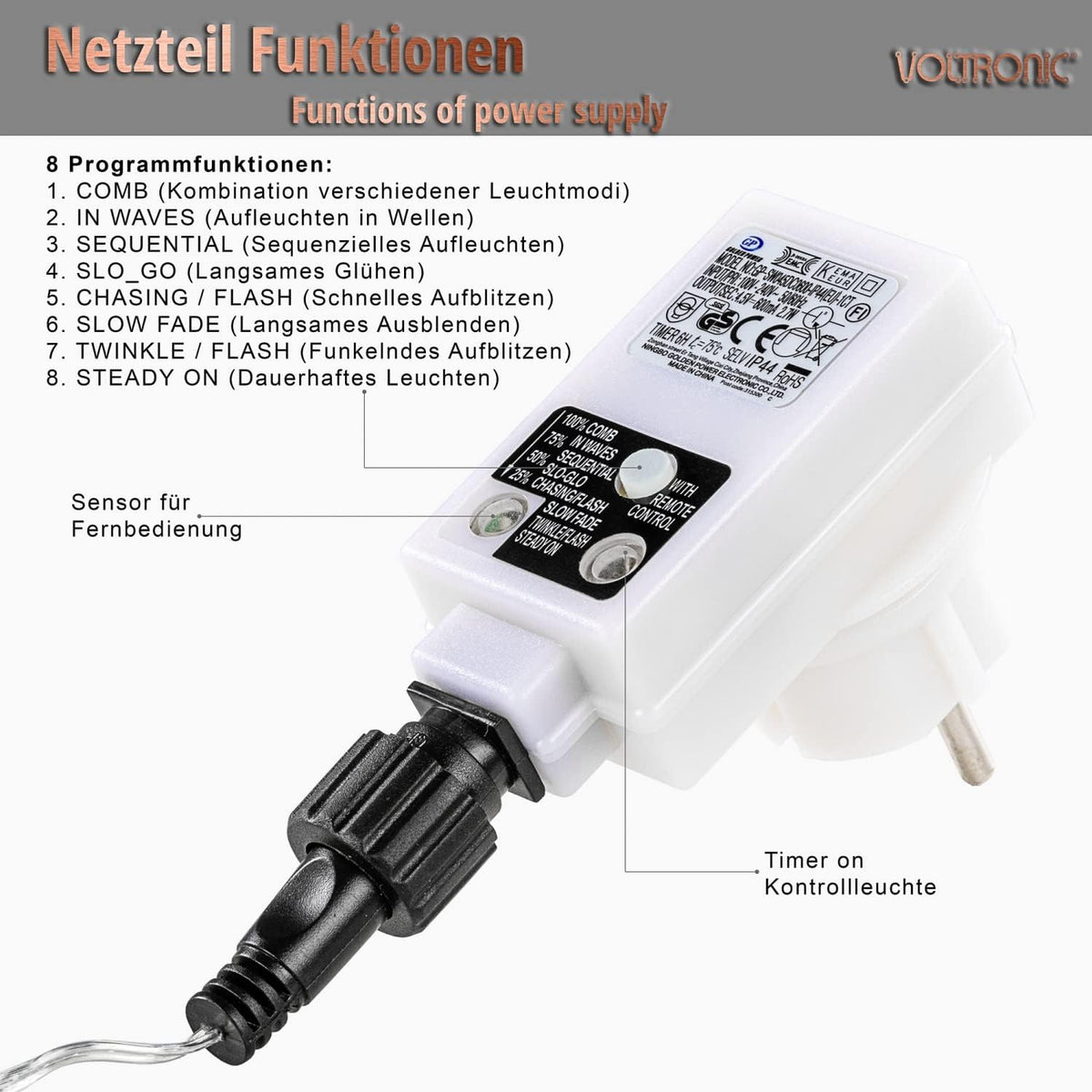VOLTRONIC LED-Lichtvorhang, für den Innen- und Außenbereich, IP44, Modell und Farbe nach Wahl, Fernsteuerung