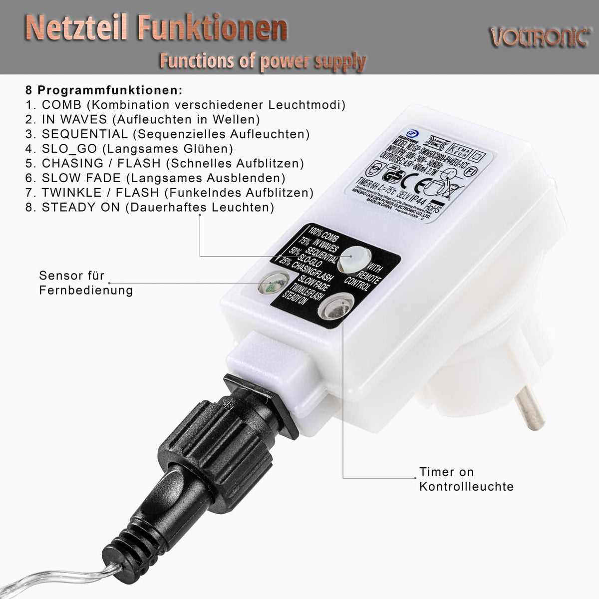 VOLTRONIC LED-Lichtvorhang, für den Innen- und Außenbereich, IP44, Modell und Farbe nach Wahl, Fernsteuerung