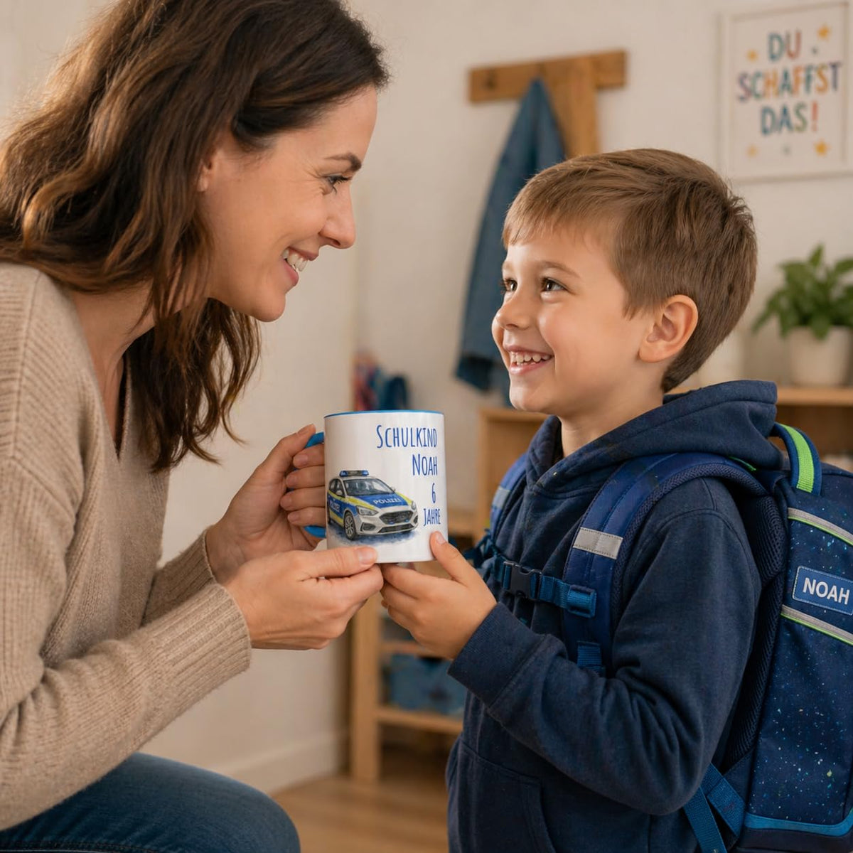 Namenstasse Personalisierte Einschulung Tasse Schulkind 2026 Polizei Motiv mit Wunschname 330ml Keramik spülmaschinenfest Geschenk Schultüte (Feuerwehr)
