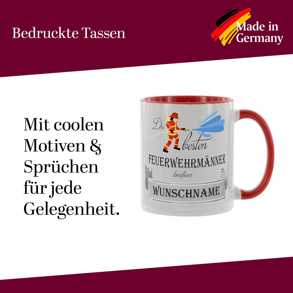 Crealuxe Edelstahltasse mit Karabiner - Die besten Feuerwehrmänner heißen Wunschname - 330ml, Tasse personalisiert, Kaffeetasse, Bürotasse, Metalltasse mit Name