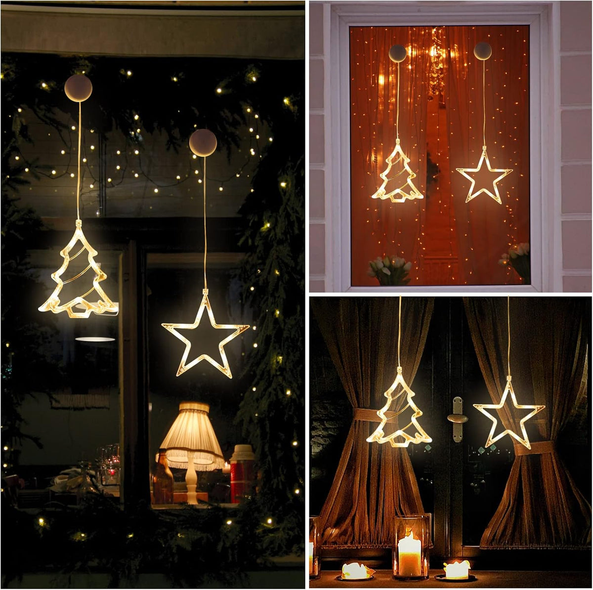 Jsdoin Stern Weihnachtsbaum Weihnachtsbeleuchtung, LED Weihnachtsdeko Fenster Lichter, Beleuchtet mit Batteriebetriebene, Timer, Lichterkette für Weihnachten Deko, Balkon (Stern und Weihnachtsbaum)