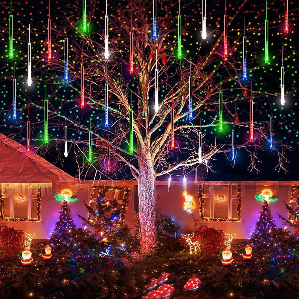 Kwaiffeo Weihnachtsdeko,10 Röhren LED Meteorschauer Lichterkette Außen, Wasserdichte Fallende Regen Lichter für Weihnachten Halloween Weihnachtsbaum Hochzeit Garten Fenster, Mehrfarbig