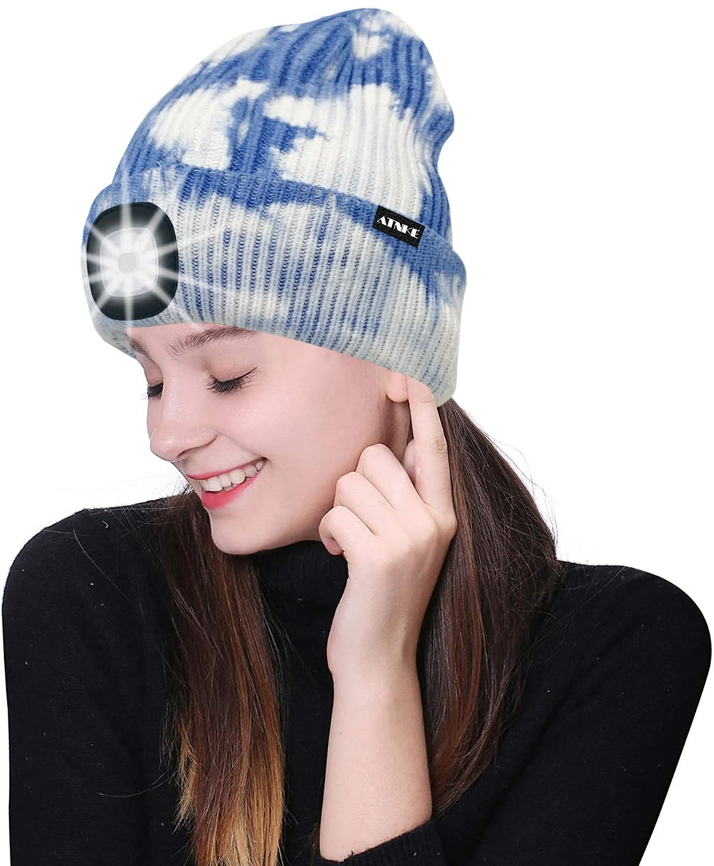 ATNKE LED Beleuchtete Mütze,Wiederaufladbare USB Laufmütze mit Licht Extrem Heller 4 LED Lampe Winter Warme Stirnlampe für Herren und Damen Geschenke