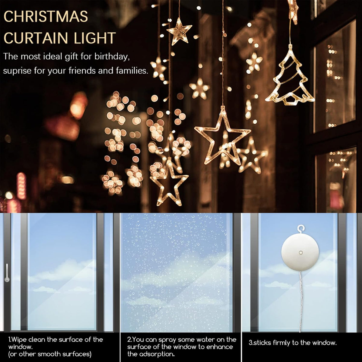 Jsdoin Stern Weihnachtsbaum Weihnachtsbeleuchtung, LED Weihnachtsdeko Fenster Lichter, Beleuchtet mit Batteriebetriebene, Timer, Lichterkette für Weihnachten Deko, Balkon (Stern und Weihnachtsbaum)