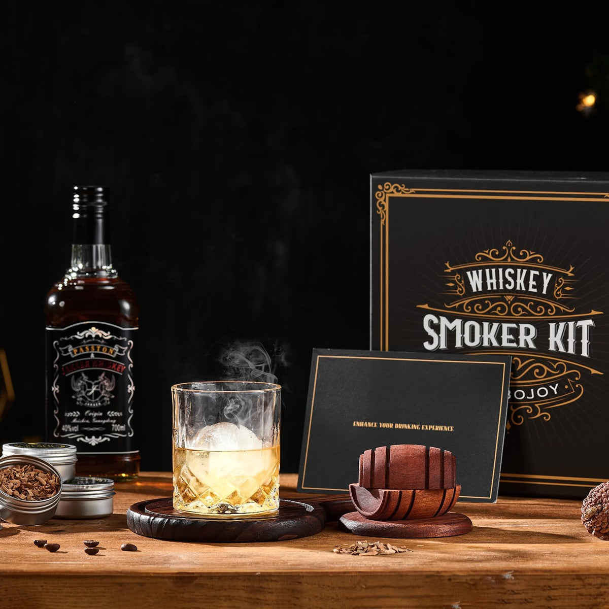 Whiskey Smoker Kit with Torch,6 Flavors Wood Chips, 2 Glasses, 2 Ice Ball Molds,Cocktail Smoker Infuser Kit, Old Fashioned Drink Smoker Kit, Husband , Boyfriend (Without Butan)
