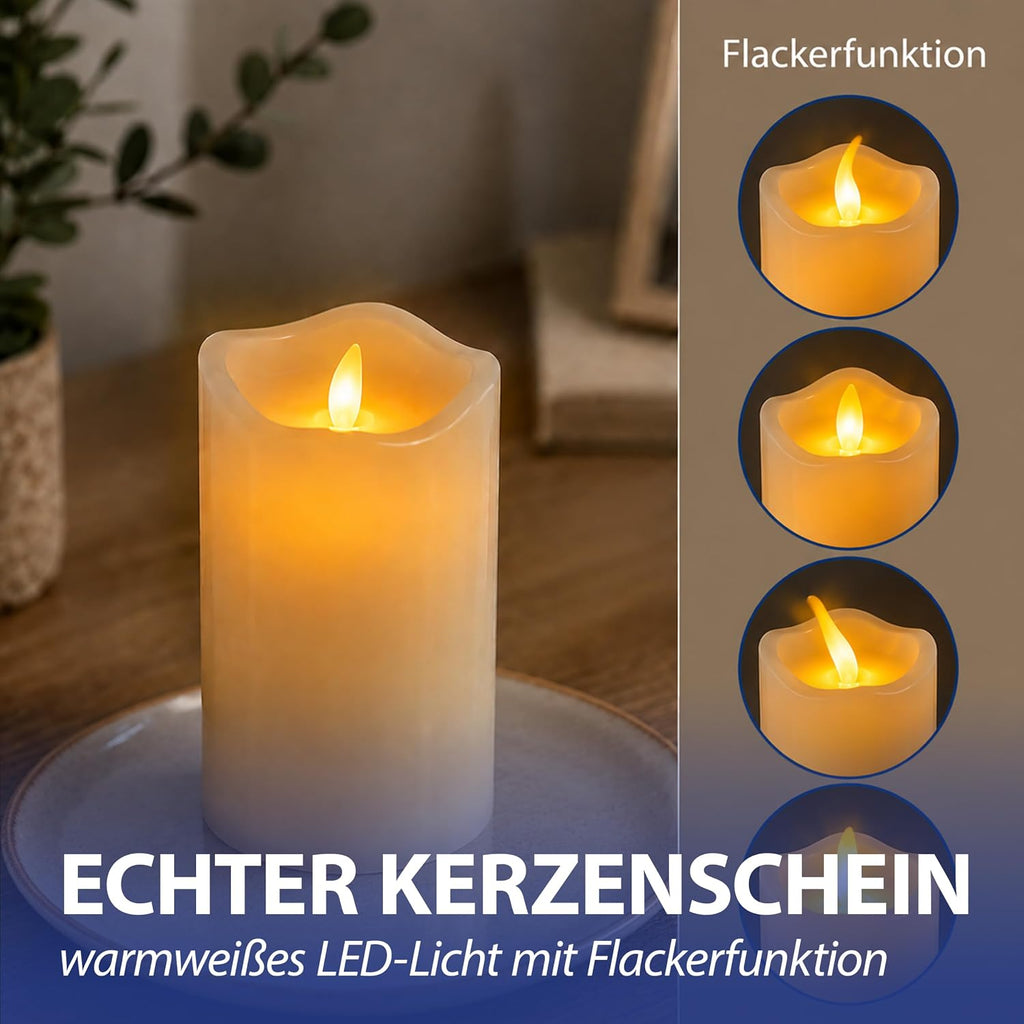 3er Set LED Kerzen Echtwachs-Optik Outdoor | 3 Größen Kunststoff elfenbein | Flackerfunktion warmweiß inkl. 5h Timer batteriebetrieben