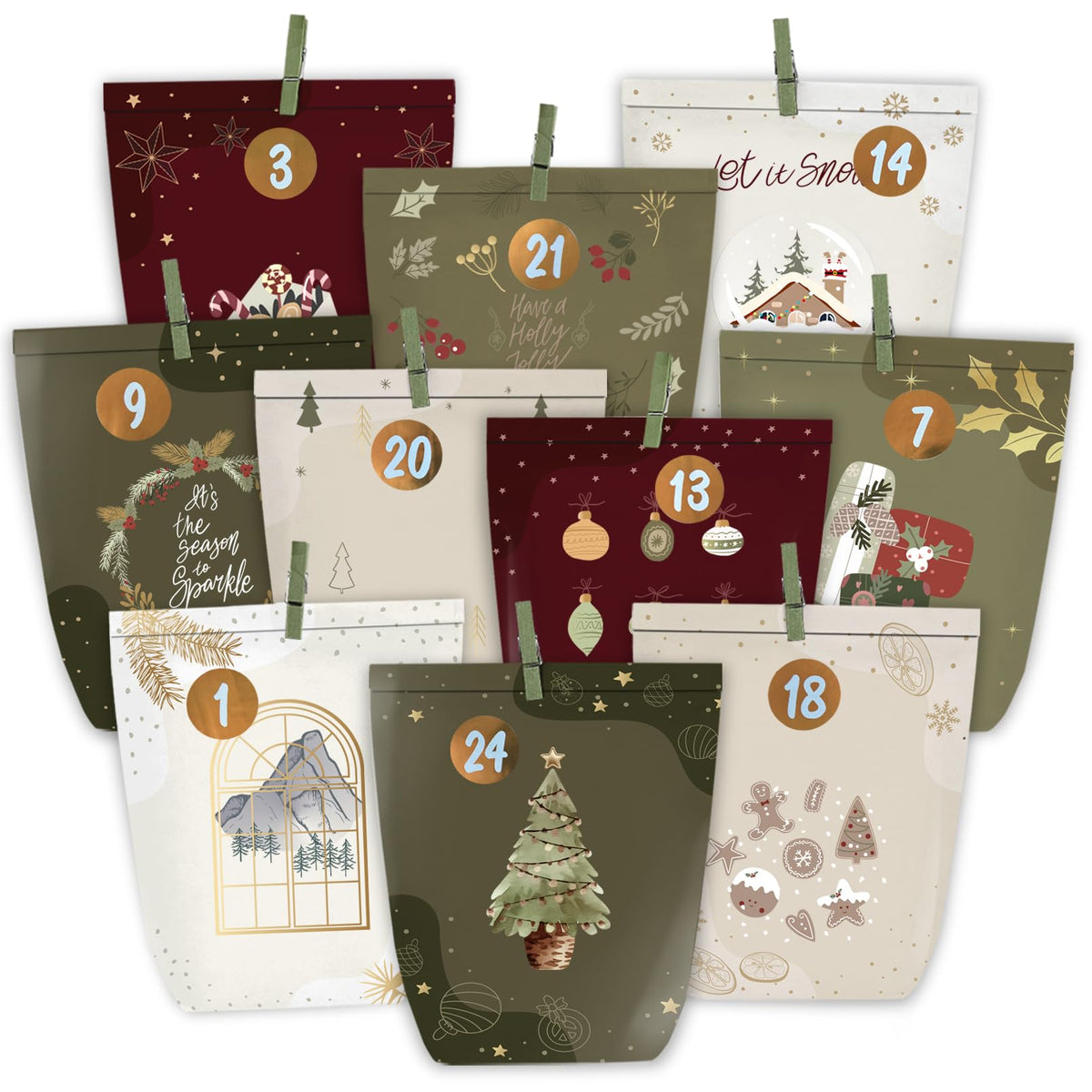 Adventskalender zum Befüllen, 24 Weihnachtskalender Papiertüten zum Selber Basteln, Geschenktüten zum selbst füllen, Advents Tüten Selbstbefüllen für Kinder & Erwachsene