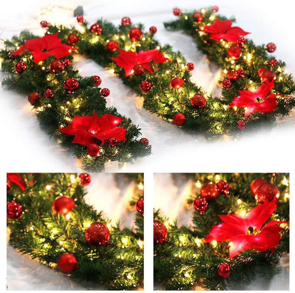Queta Tannengirlande, Weihnachtsdekoration, Girlande mit Kugeln, Blumenkranz, Kugel mit LED-Licht, für Eingangstür, 270 cm (rot)