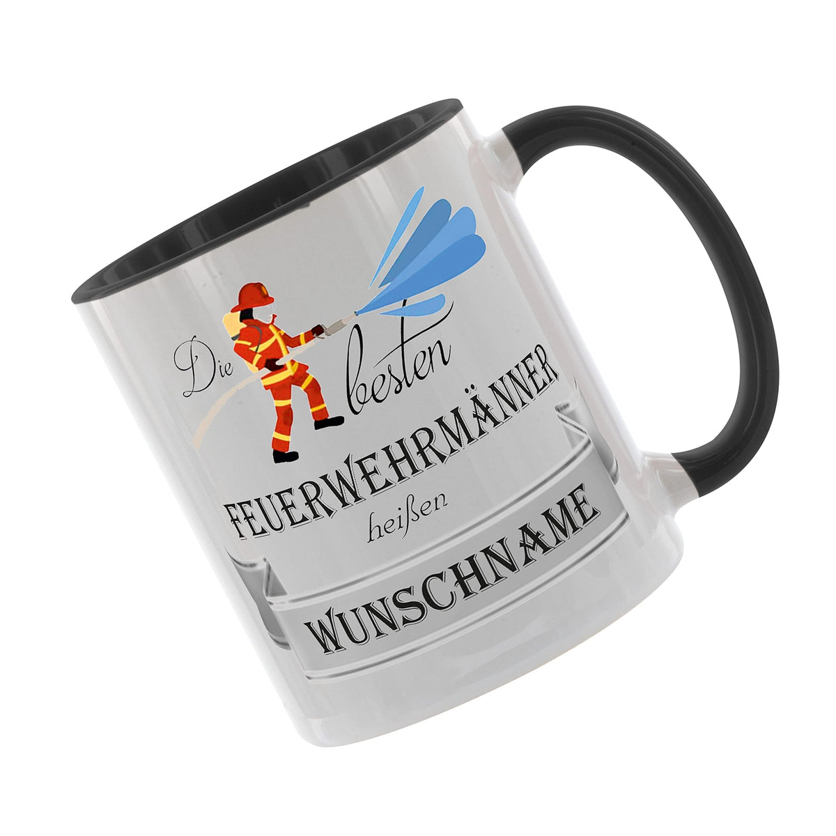 Crealuxe Edelstahltasse mit Karabiner - Die besten Feuerwehrmänner heißen Wunschname - 330ml, Tasse personalisiert, Kaffeetasse, Bürotasse, Metalltasse mit Name