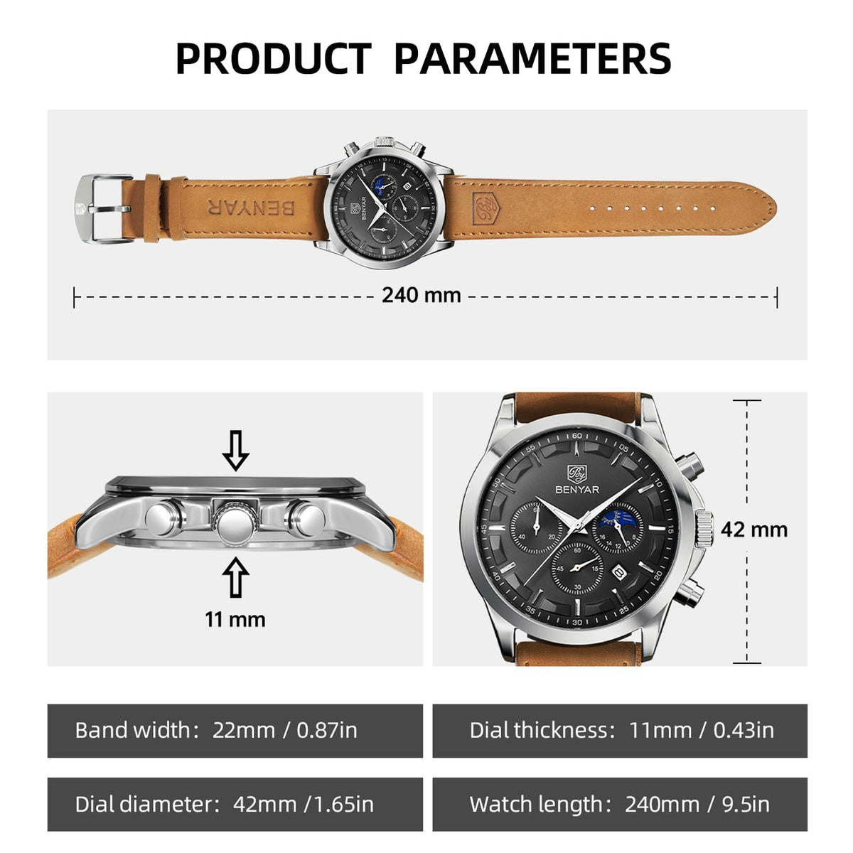 BENYAR BY Uhren Herren Chronograph Analog Quarz Wasserdicht Datum Armbanduhr Herren Mode Business-Kleid Herrenuhr Elegantes Geschenk fur Männer