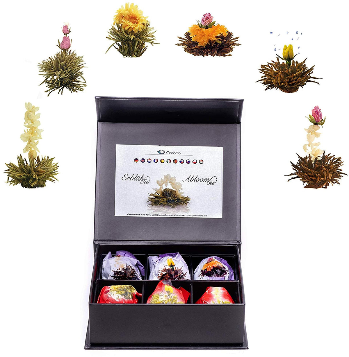 Creano 6 Teeblumen Geschenkbox weißer, schwarzer & grüner Tee in edler Magnetbox mit Silberprägung - 6 verschiedene Sorten - Geschenk zu Weihnachten
