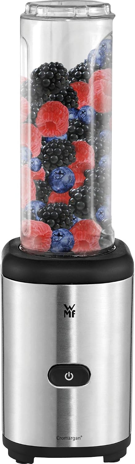WMF Kult X Mix & Go – Smoothie Maker & Mixer, kompakter Standmixer 300 W mit 0,6 L Tritan-Flasche, 4 Edelstahlklingen, Sicherheitsabschaltung, Shake Mixer aus Cromargan Edelstahl, Deep Black