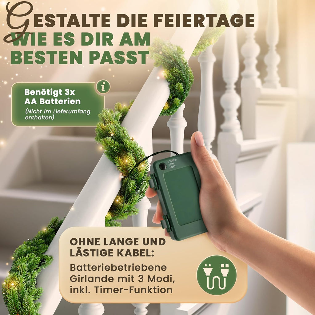 ArtiTree Weihnachtsgirlande - Naturgetreue Tannengirlande, 270cm Grün, Perfekt für Weihnachtsdeko, Treppengeländer & Türrahmen