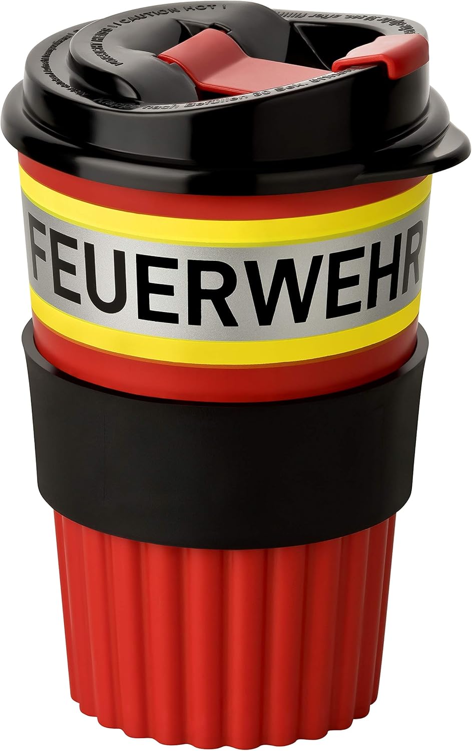 PACOTEX FEUERWEHR To-Go Coffee Becher rot mit gelb-silber-gelb Streifen in Feuerwehroptik, 350ml, mit griffiger Softmanchette