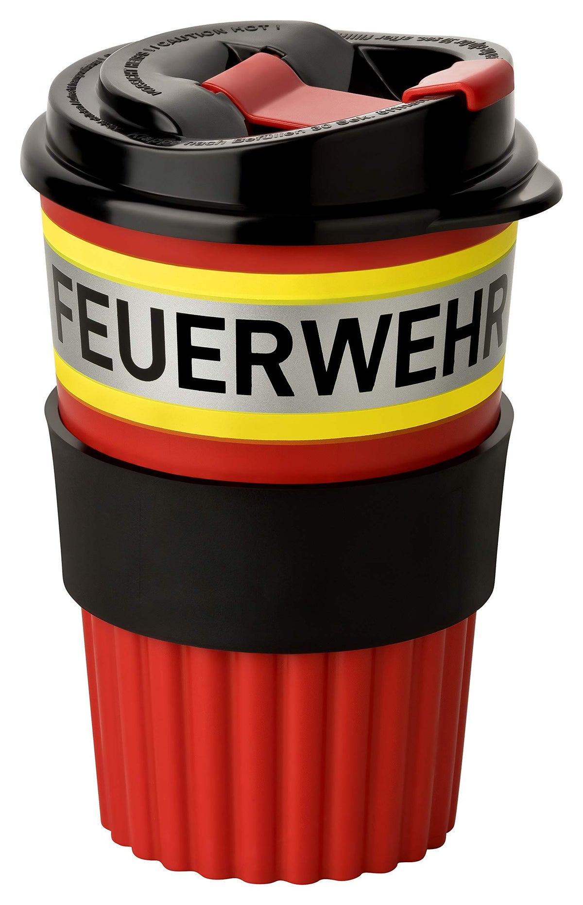 PACOTEX FEUERWEHR To-Go Coffee Becher rot mit gelb-silber-gelb Streifen in Feuerwehroptik, 350ml, mit griffiger Softmanchette