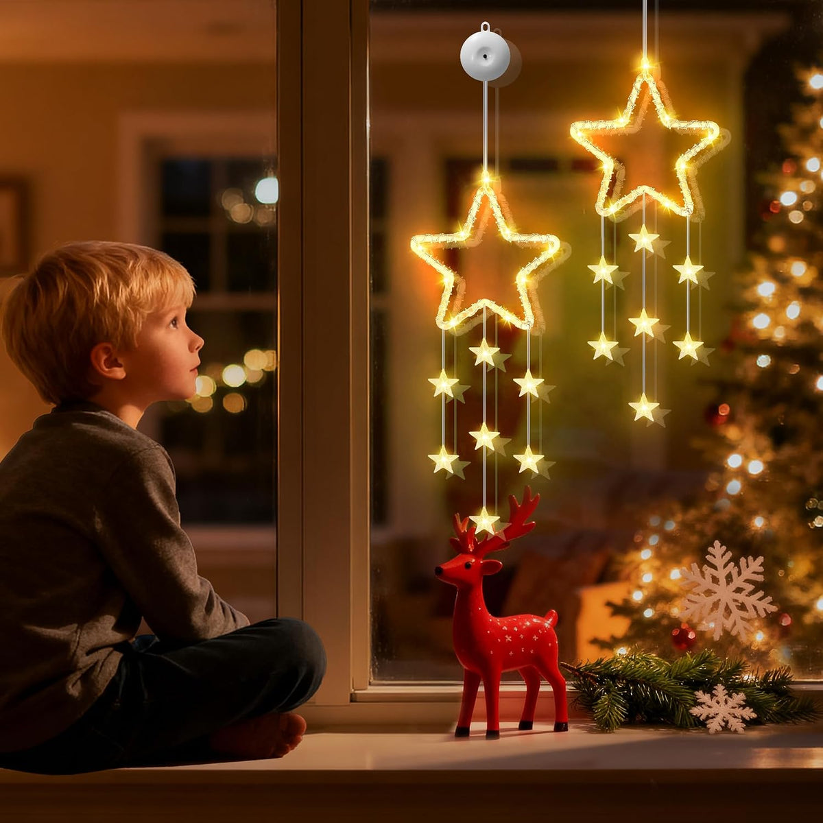 LED Sterne Weihnachtsbeleuchtung, 2 Stück Weihnachtsstern Fenster Lichterkette, Warmweiß Lichtervorhang Innen Batteriebetriebene mit Timer,8 Modi für Weihnachtsdeko Balkon Fest Party Hochzeit