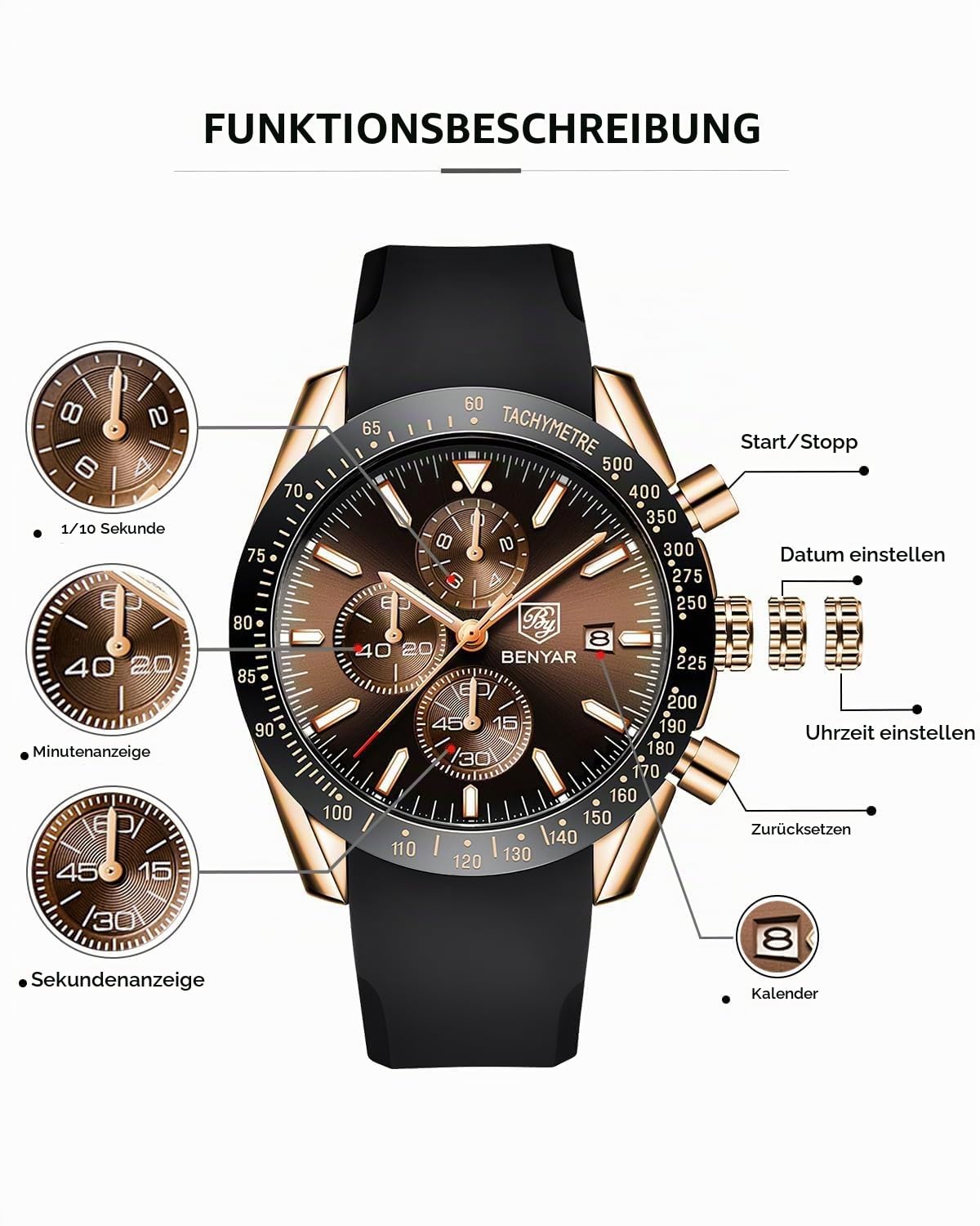 BENYAR Uhren Herren Analog Quarz Chronograph Herrenuhren Wasserdicht Datum Lederband Armbanduhr Lässig Business-Kleid fur Männer Klassische Elegantes Geschenk