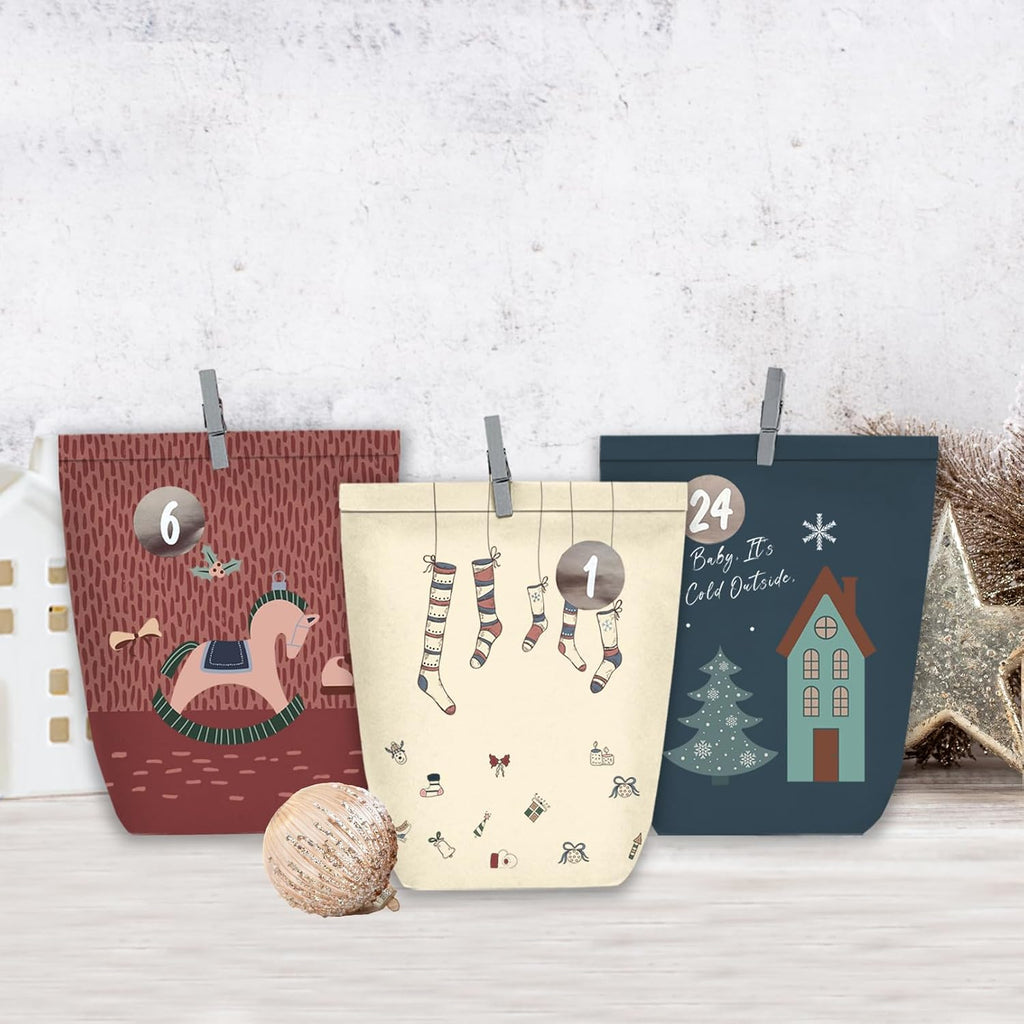 Adventskalender zum Befüllen, 24 Weihnachtskalender Papiertüten zum Selber Basteln, Geschenktüten zum selbst füllen, Advents Tüten Selbstbefüllen für Kinder & Erwachsene