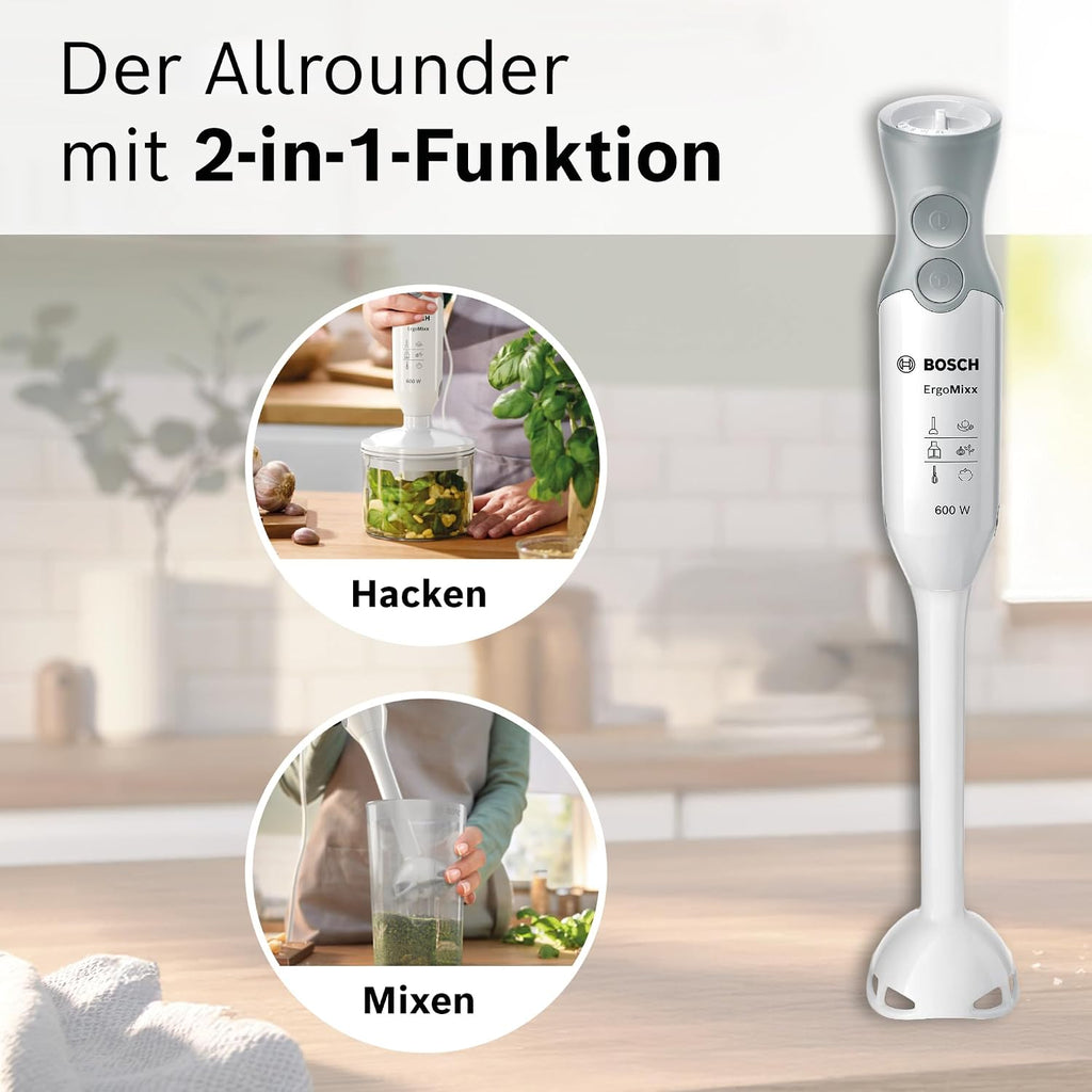 Bosch Stabmixer ErgoMixx, abnehmbarer Mixfuß, mit Mixbecher, 4-Klingen-Messer, Zerkleinerer, ergonomisches Design, 12 Stufen plus Turbo, 600 W, weiß/grau, MSM66020