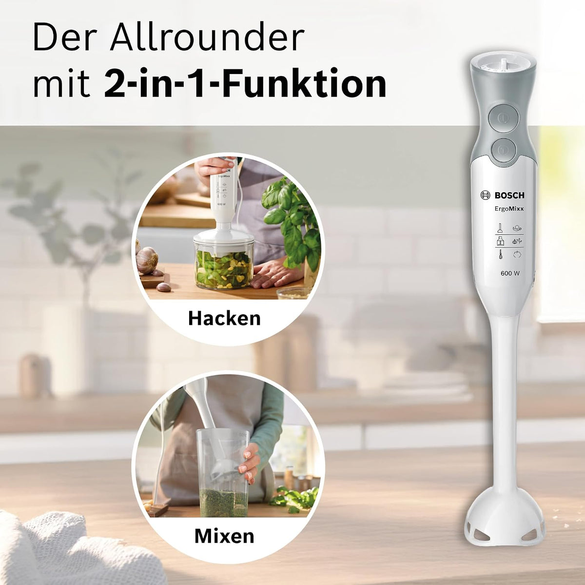 Bosch Stabmixer ErgoMixx, abnehmbarer Mixfuß, mit Mixbecher, 4-Klingen-Messer, Zerkleinerer, ergonomisches Design, 12 Stufen plus Turbo, 600 W, weiß/grau, MSM66020