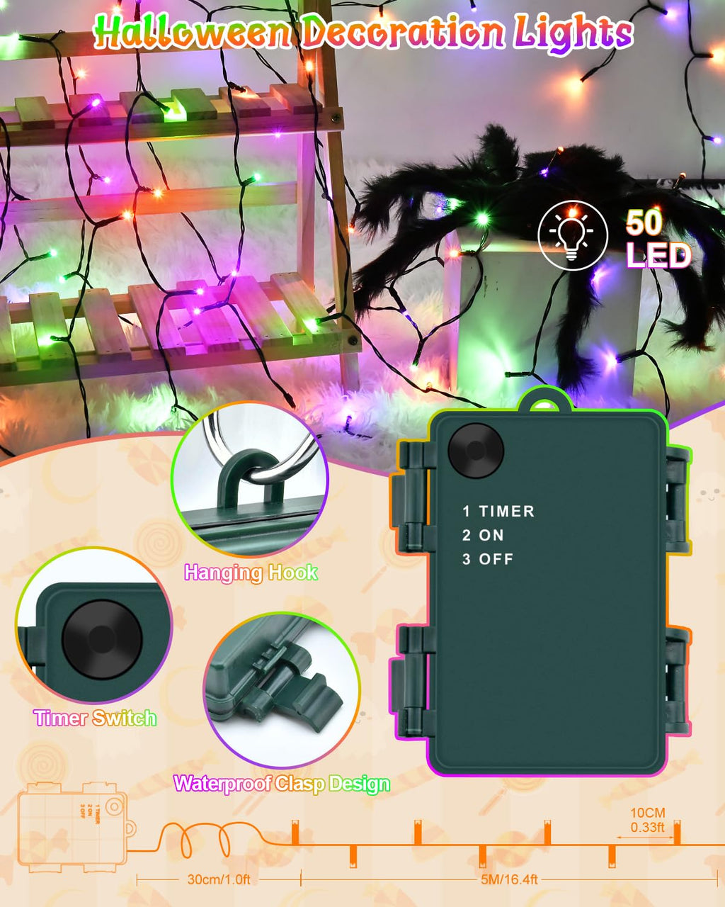 Dalugo 2 Stück Lichterkette Orange, 5M 50 LED Kabel grün mit 6h Timer, IP65 Wasserdicht Batterie für Innen außen dekorationen