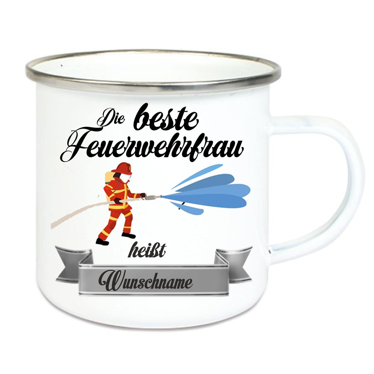 Crealuxe Edelstahltasse mit Karabiner - Der Beste Feuerwehrmann heißt Wunschname - 330ml, Tasse personalisiert, Kaffeetasse, Bürotasse, Metalltasse mit Name