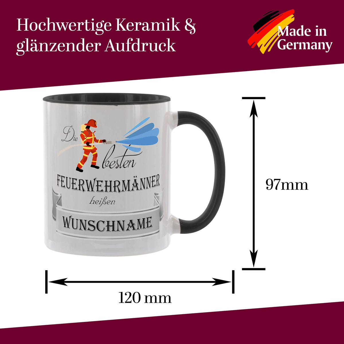 Crealuxe Edelstahltasse mit Karabiner - Die besten Feuerwehrmänner heißen Wunschname - 330ml, Tasse personalisiert, Kaffeetasse, Bürotasse, Metalltasse mit Name