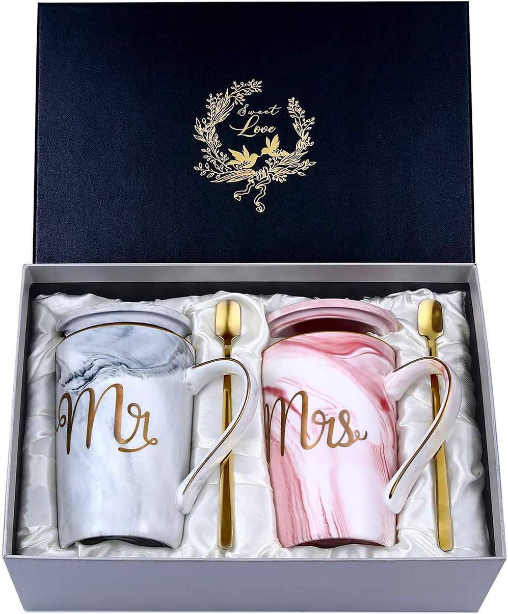 Hochzeitsgeschenke für Brautpaar, Mr und Mrs Geschenk für Braut und Bräutigam, Geschenk Hochzeit, Jubiläumsgeschenk, Kaffeetassen Tassen Set Keramik Marmor 14 Oz für Hochzeit, Verlobungen